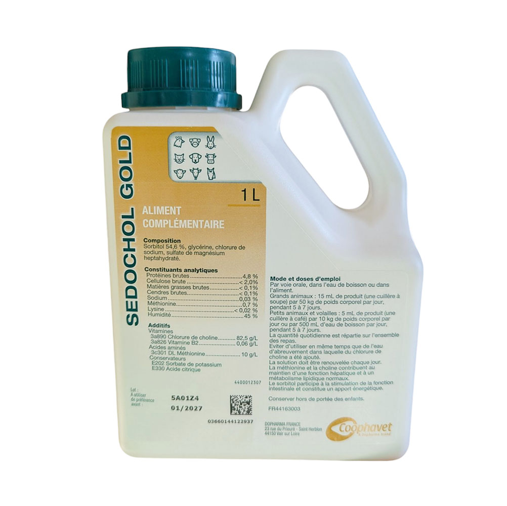 Bidon blanc de 1 litre de SEDOCHOL GOLD Coophavet, aliment complémentaire pour le foie des animaux.