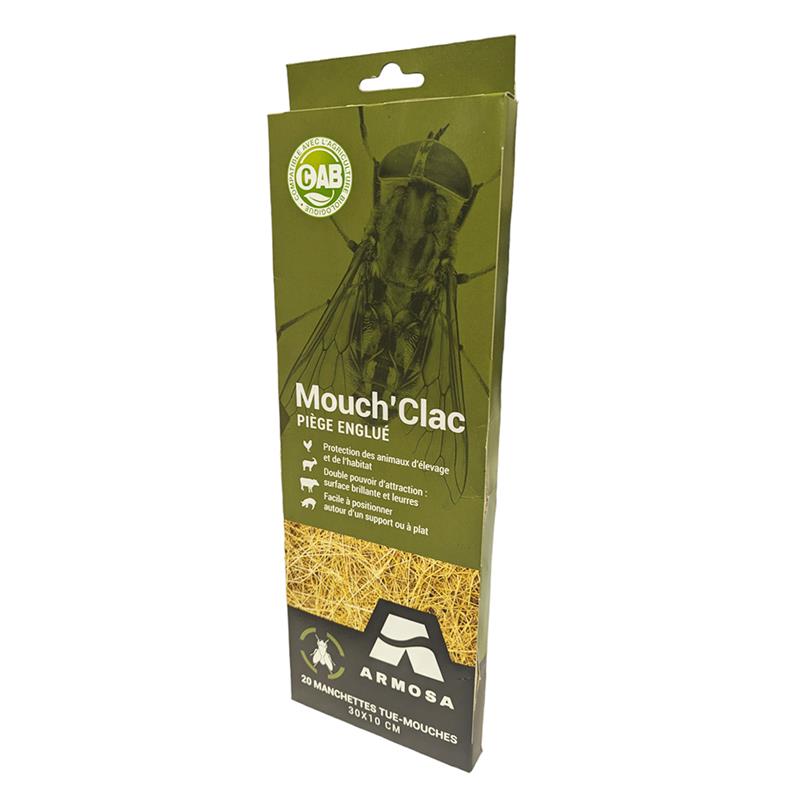 Pack de 20 manchettes tue-mouches engluées Mouch'Clac Armosa pour écuries et étables.