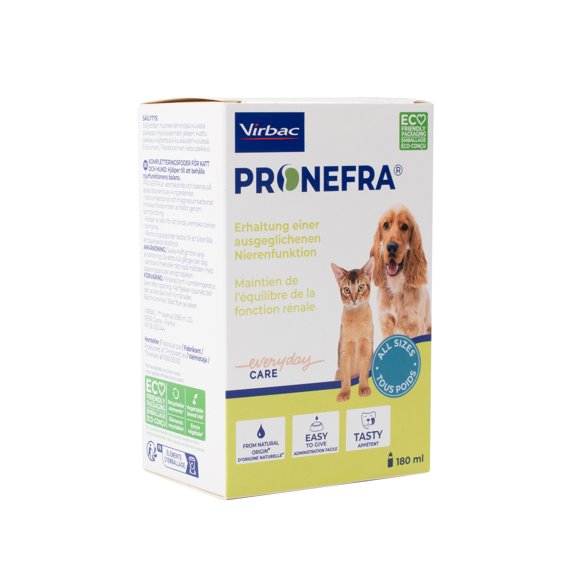 Boîte de Pronefra 180 ml Virbac pour chien et chat, solution appétente de soutien de la fonction rénale et du métabolisme urinaire.