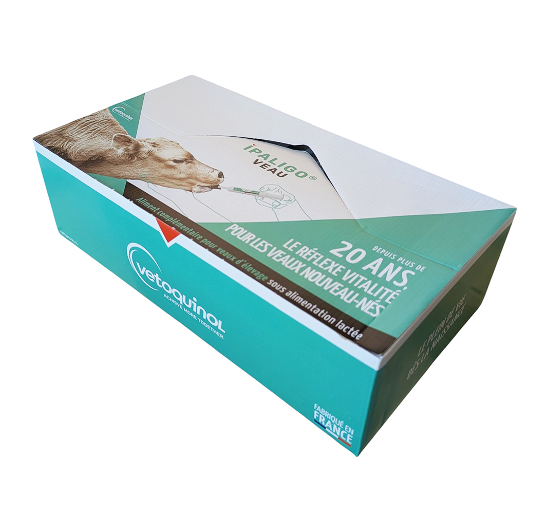 Boîte de 48 seringues IPALIGO Veau Vetoquinol, aliment complémentaire vitalité pour veau nouveau-né.