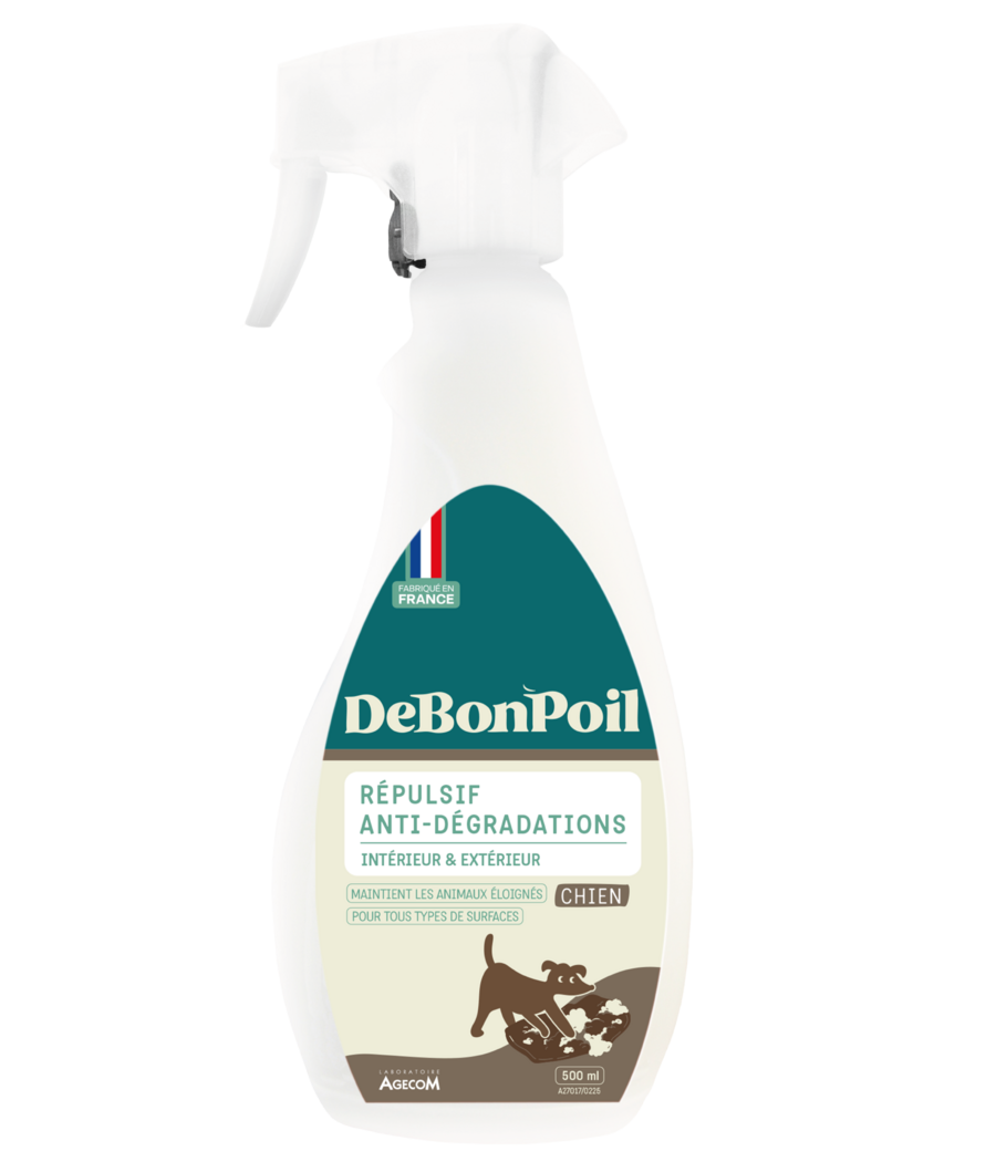 Flacon spray blanc de 500 ml de Répulsif Anti-Dégradations Chien DeBonPoil intérieur et extérieur fabriqué en France.