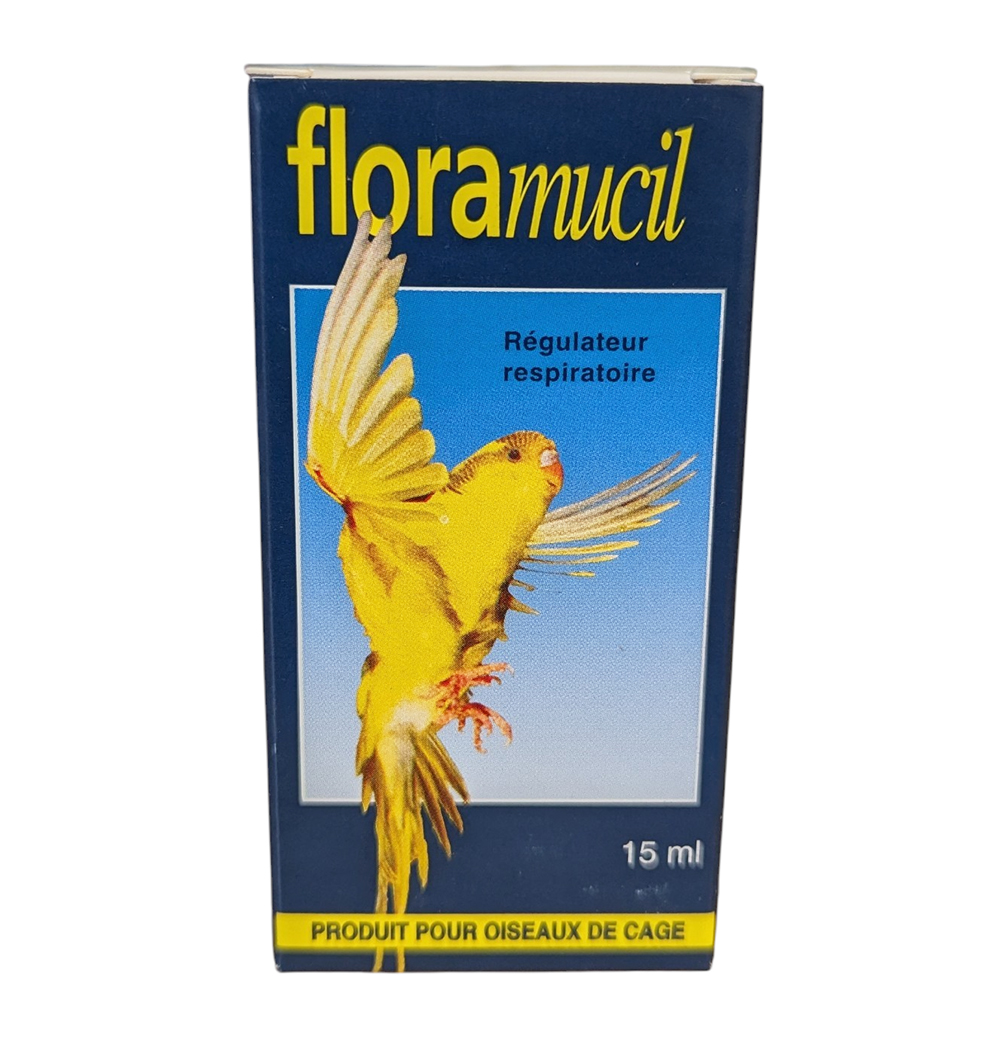 Flacon et boîte Floramucil 15ml, gouttes respiratoires pour canaris et perruches aux huiles essentielles.