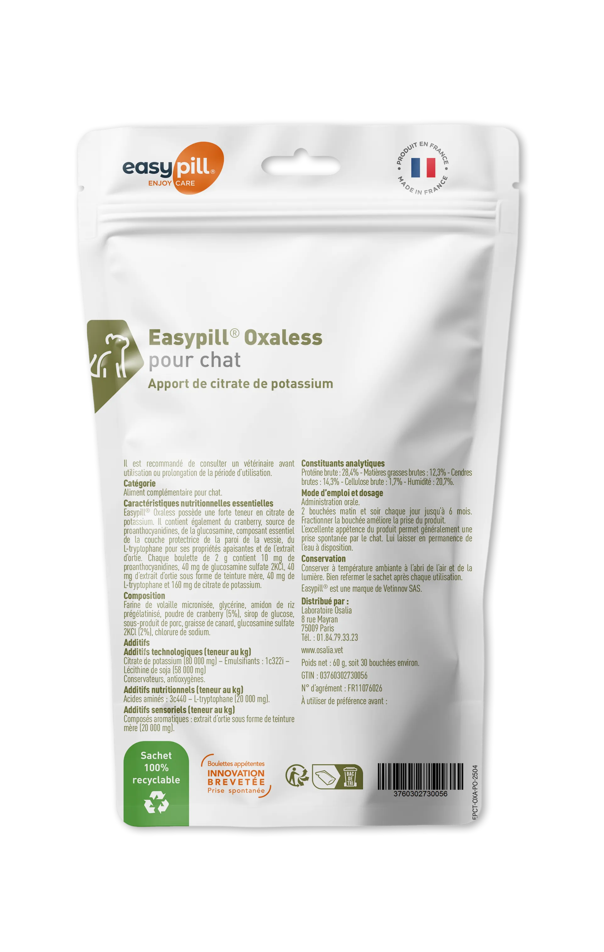 Sachet Easypill Oxaless Chat Osalia 30 bouchées citrate potassium oxalates