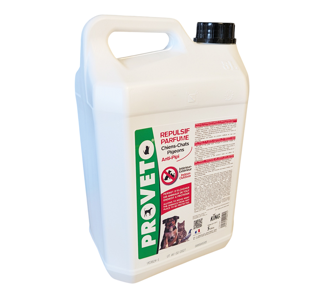 Bidon blanc de 5L de répulsif parfumé Proveto King pour éloigner les chiens, chats et pigeons des surfaces intérieures et extérieures.