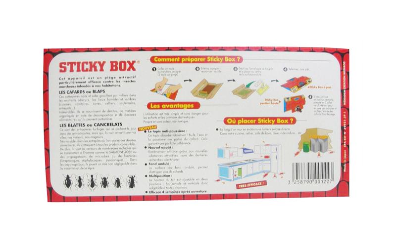 Lot de 5 pièges à blattes et cafards STICKY BOX, emballage jaune et noir indiquant une formule nouvelle, non toxique et sans danger pour les animaux.