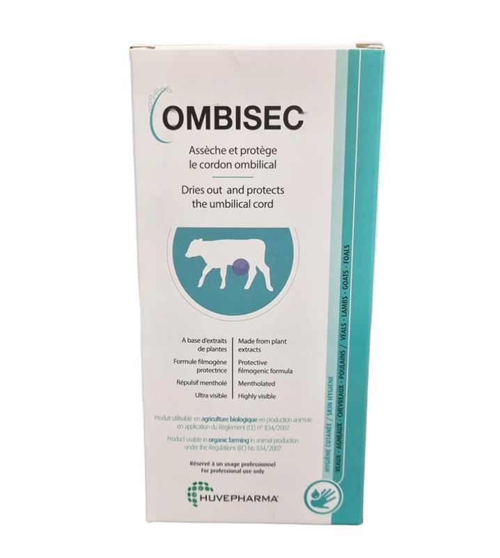Flacon spray de 500 ml Ombisec de Huvepharma, solution bleue pour l'assèchement et la protection du cordon ombilical des nouveau-nés.