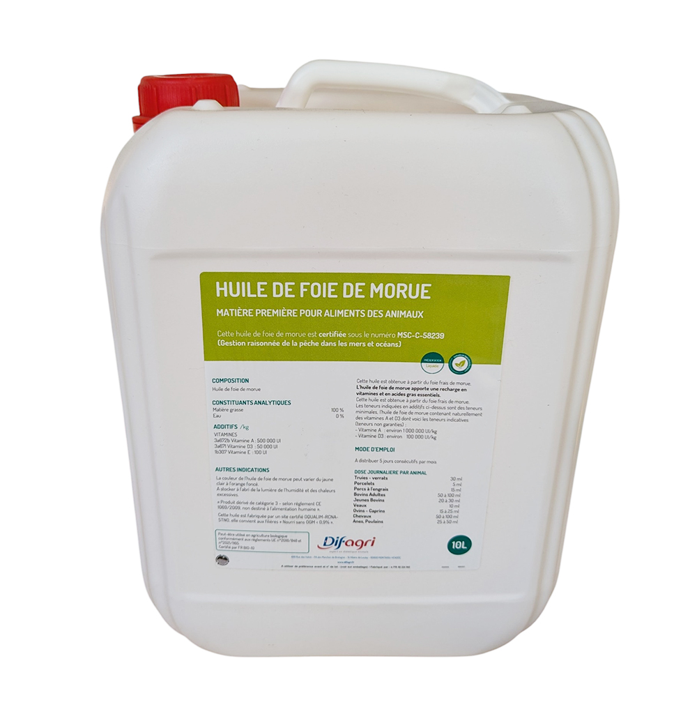 Grand bidon blanc de 10kg d'huile de foie de morue Difagri, avec étiquette bleue détaillant les dosages pour bovins, porcins et ovins.