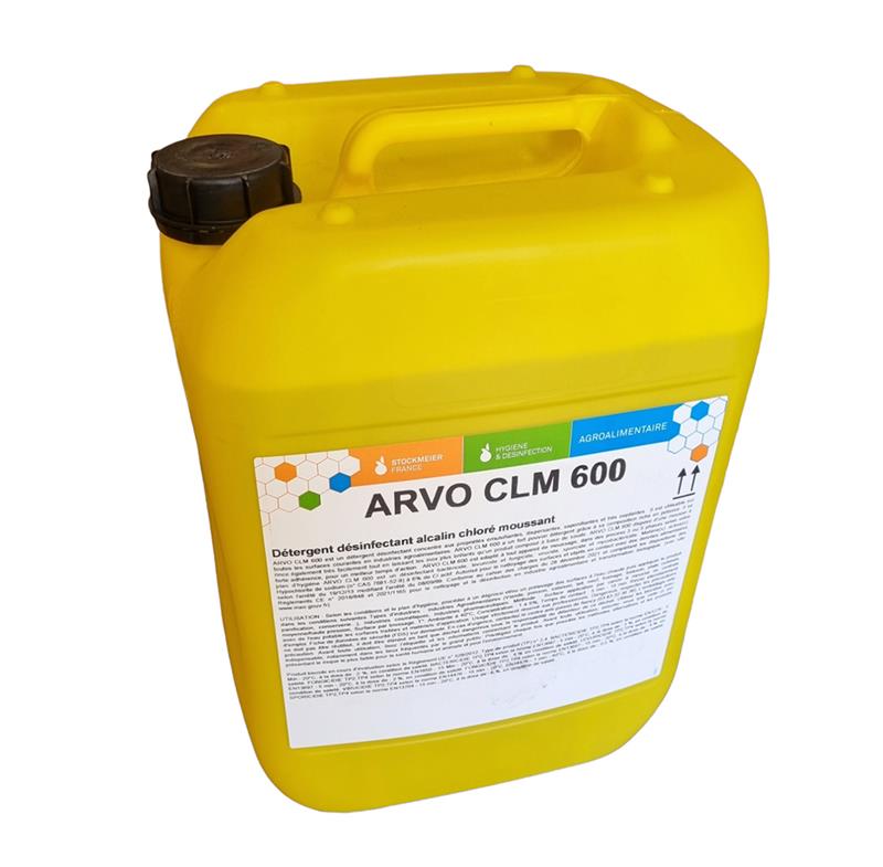 Bidon jaune de 25kg d'ARVO CLM 600 Stockmeier France, détergent désinfectant alcalin chloré moussant pour l'industrie agroalimentaire.