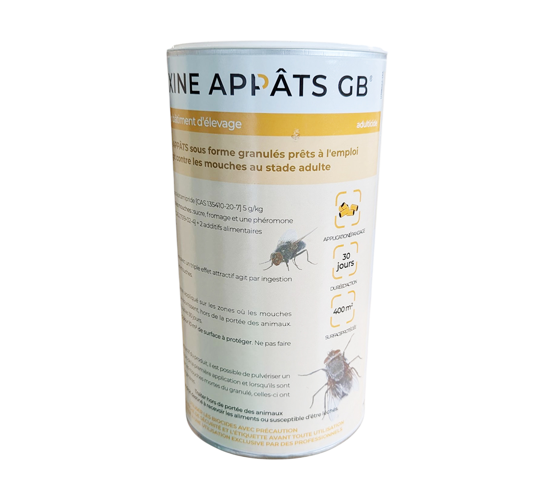 Boîte cylindrique de 1 kg de Mouxine® Appâts, granulés jaunes insecticides pour bâtiments d'élevage à base d'Acétamipride.