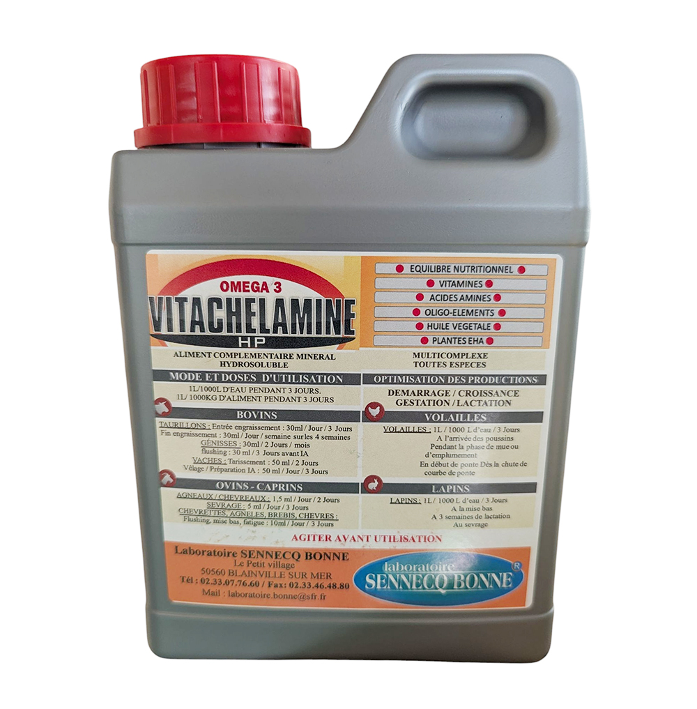Bidon de 1 litre de VITACHELAMINE HP par Sennecq Bonne, complément minéral enrichi en vitamines et Omega 3 pour le bétail.
