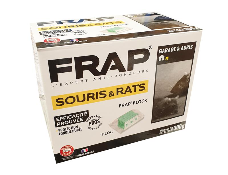Boîte de 300g de rodenticide FRAP BLOCK à base de blocs verts à la diféthialone pour éliminer les rats et souris en lieux humides comme les garages et abris.