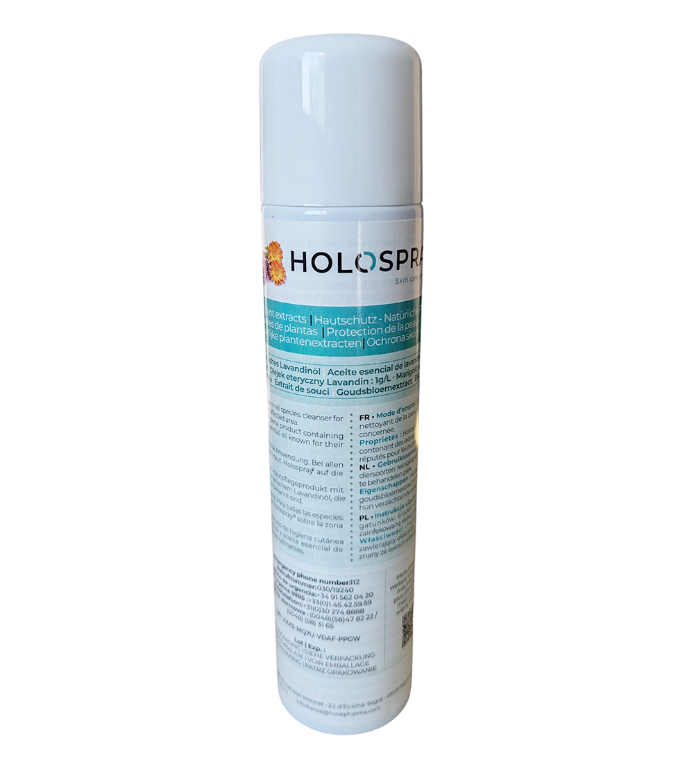 Aérosol Holospray de 300 ml, solution d'hygiène cutanée à l'huile de lavandin et extrait de souci pour toutes les espèces animales.