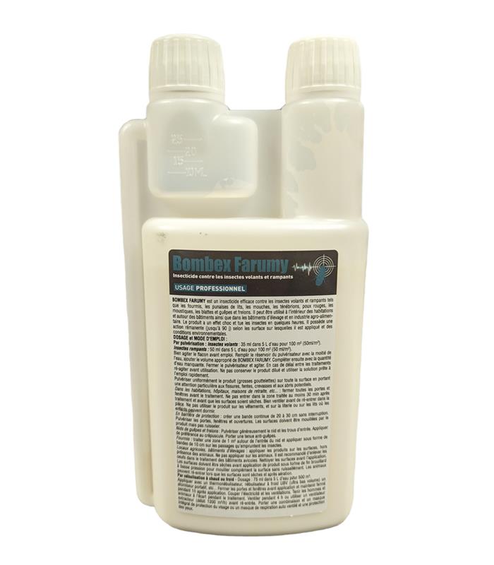 Flacon doseur de 500 ml d'insecticide micro-encapsulé Bombex Farumy, insecticide professionnel pour le traitement des insectes volants et rampants à longue rémanence.