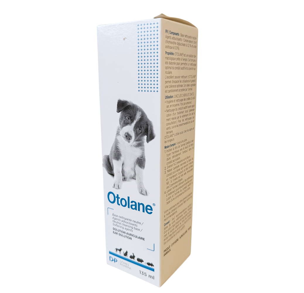 Flacon de 135 ml de nettoyant auriculaire Otolane TVM, solution rose pour l'hygiène des oreilles des chiens, chats et rongeurs.