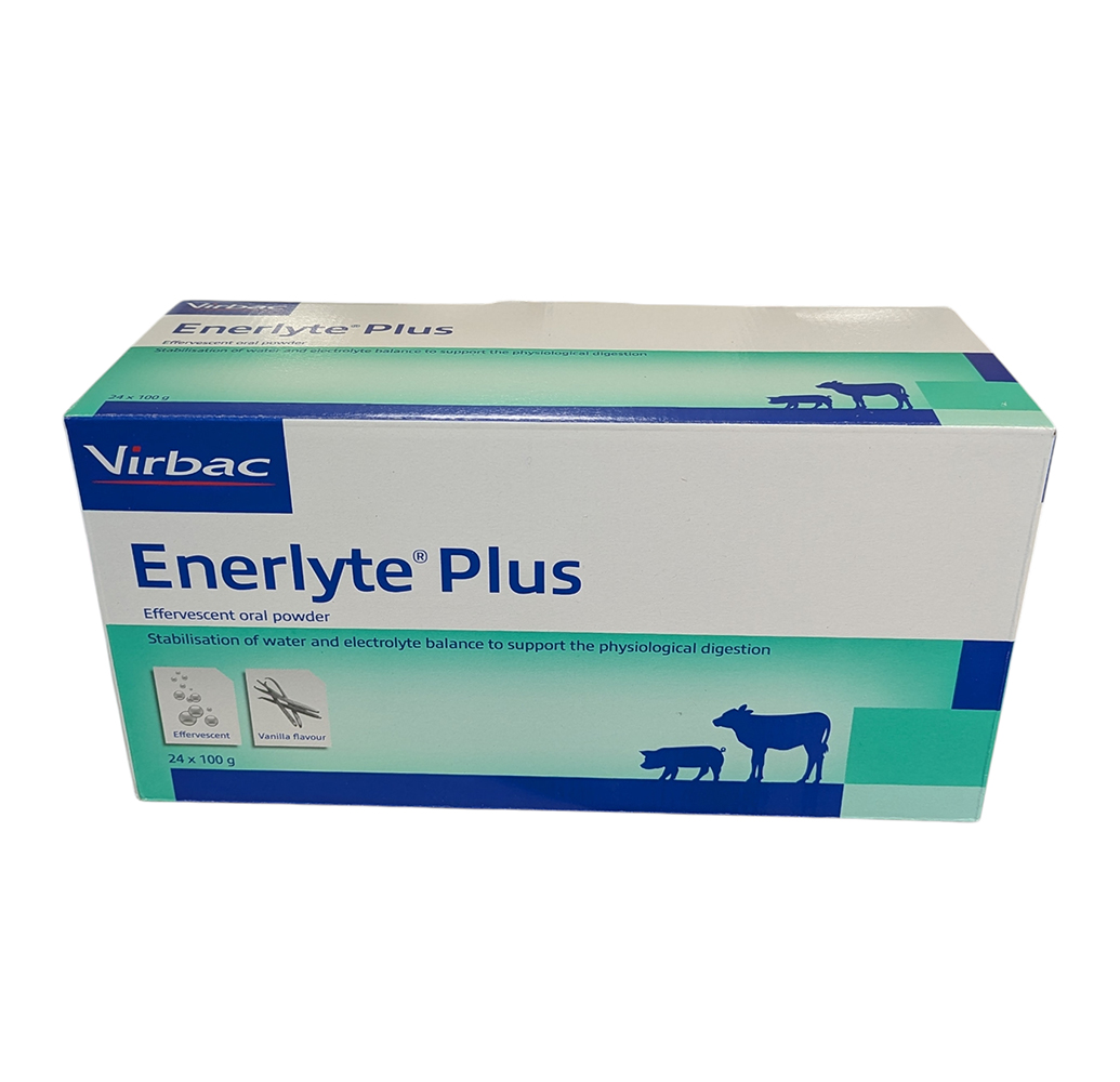 Boîte de 24 sachets d’Enerlyte Plus Virbac 100 g, poudre effervescente pour réhydratation et équilibre électrolytique des veaux et agneaux.