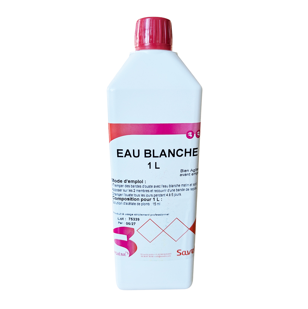 Bouteille 1L Eau Blanche Savetis soin astringent tendinite cheval sous-acétate de plomb