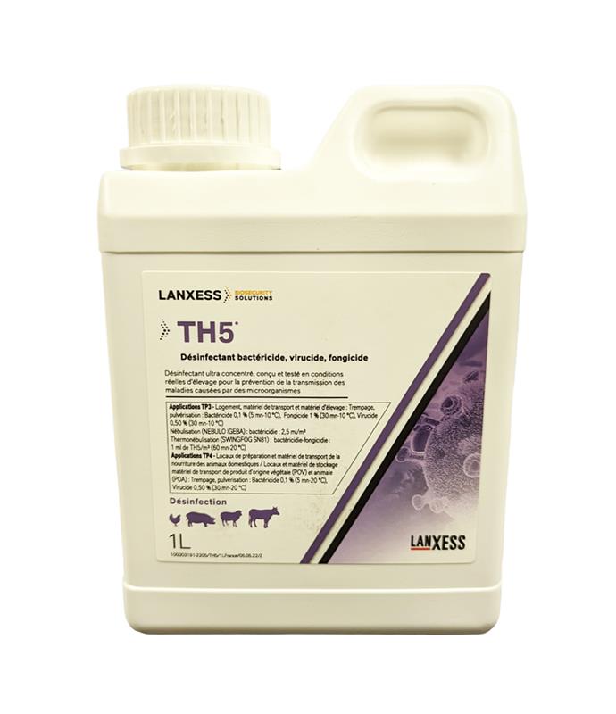 Bidon de 1 L de désinfectant TH5 LANXESS, solution ambrée ultra-concentrée pour la désinfection bactéricide et virucide des élevages.