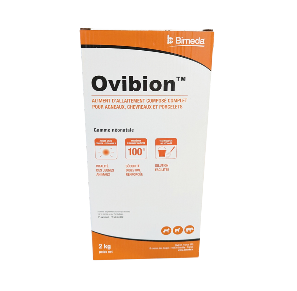 Boîte de 2 kg d'Ovibion Bimeda, aliment d'allaitement composé complet pour agneaux, chevreaux et porcelets avec sécurité digestive renforcée.