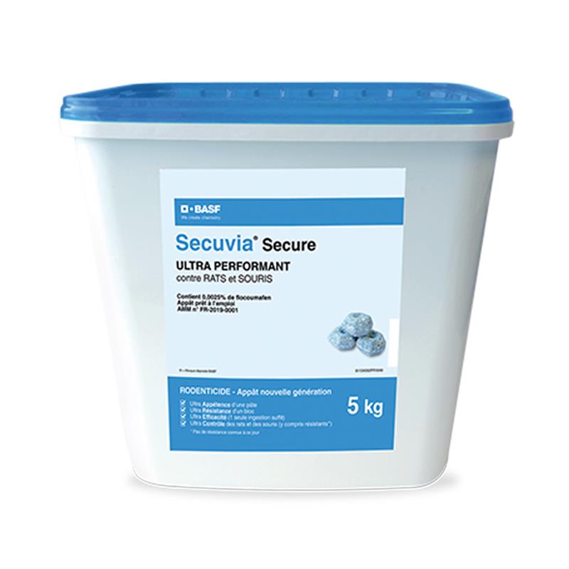 Seau de 5 kg de rodenticide Secuvia Secure de BASF, blocs bleus au flocoumafène pour le contrôle ultra-performant des rats et souris.