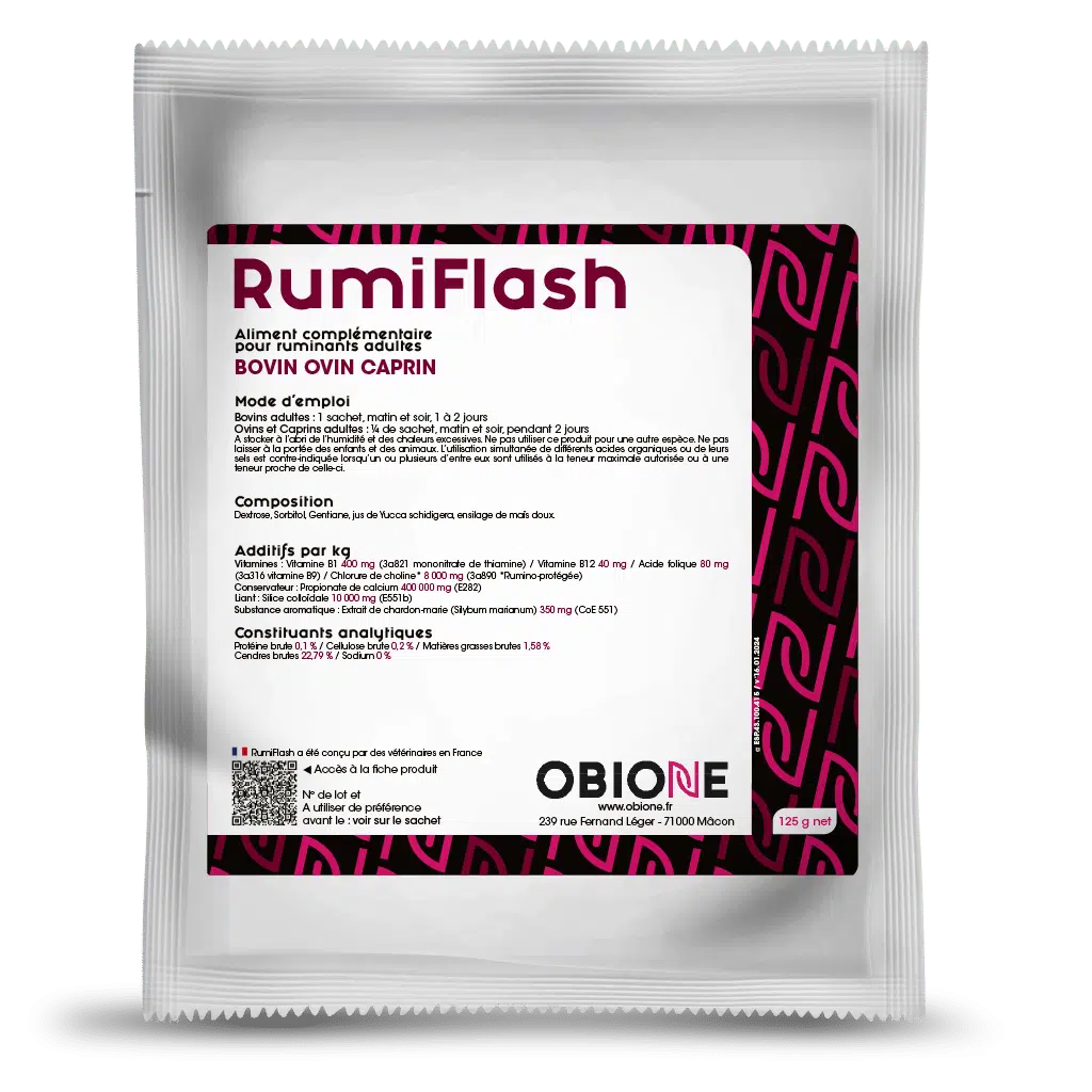 Sachet blanc de 125 g de RumiFlash par Obione, aliment complémentaire pour ruminants conçu pour relancer l'activité du rumen.