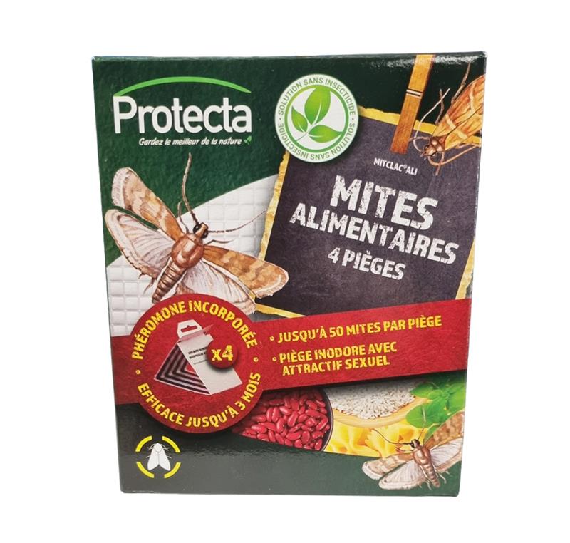 Boîte de 4 pièges à mites alimentaires Protecta Mit'clac Ali, mentionnant l'utilisation de phéromones, l'absence d'insecticide et une efficacité jusqu'à 3 mois.