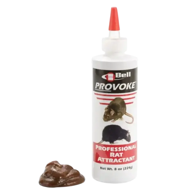 Flacon blanc de gel attractif PROVOKE pour rats de Bell Laboratories avec une noisette de produit marron à côté.