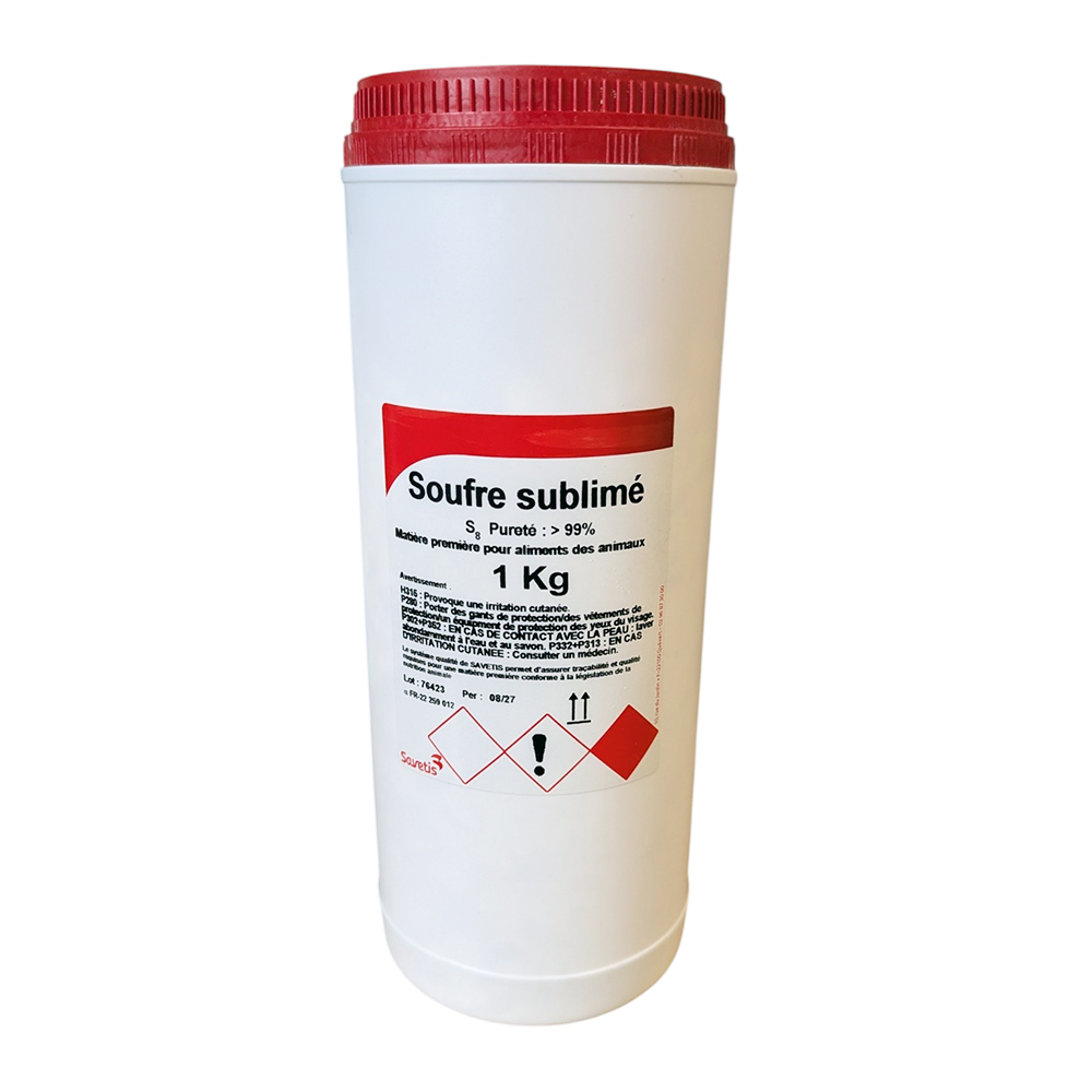 Soufre sublimé technique Savetis 1 kg – désinfectant, adoucissant et fongicide pour l’élevage.