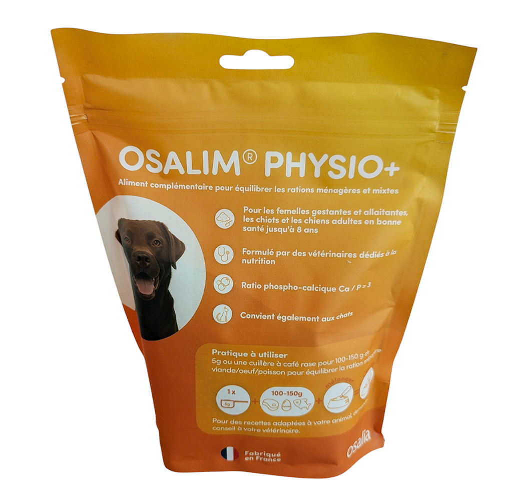 Osalim Physio+ Chien Osalia – complément nutritionnel pour femelles gestantes, allaitantes et chiots, formule équilibrée calcium-phosphore.