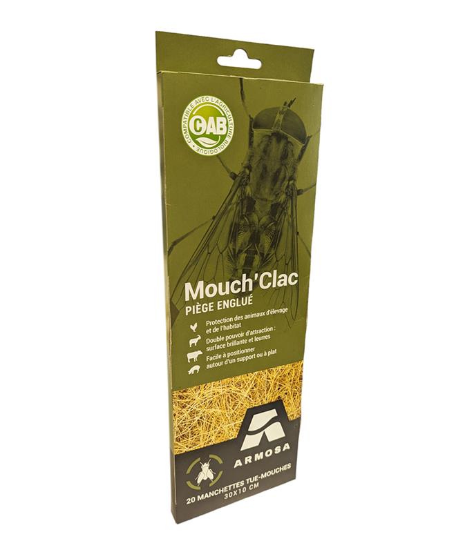 Pack de 20 manchettes tue-mouches engluées Mouch'Clac Armosa pour écuries et étables.