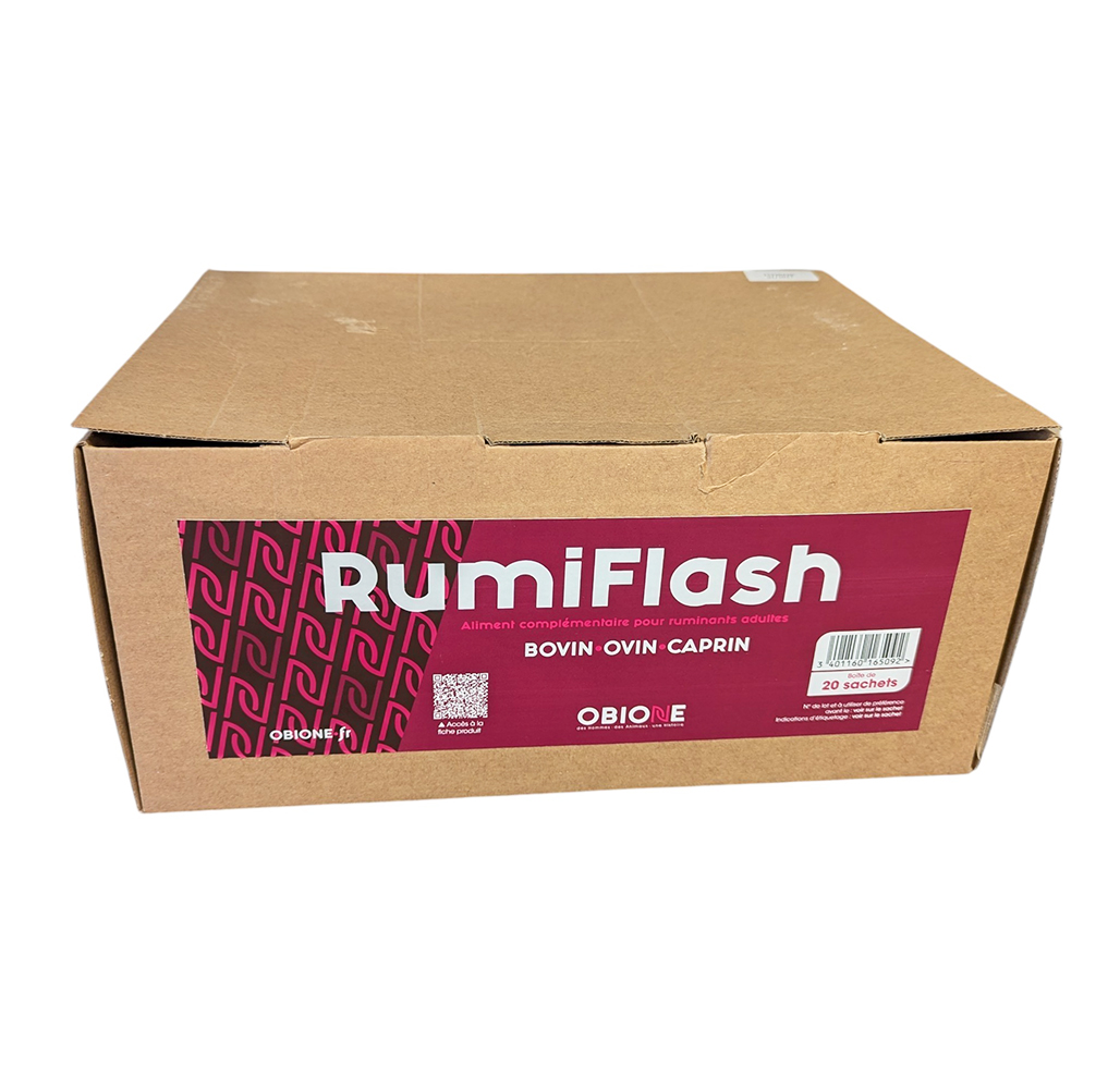 Sachet blanc de 125 g de RumiFlash par Obione, aliment complémentaire pour ruminants conçu pour relancer l'activité du rumen.