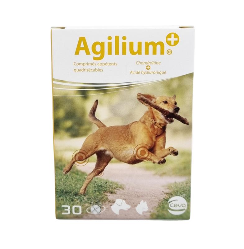 Boîte blanche et jaune d'Agilium + Ceva montrant un chien courant avec un bâton et les zones articulaires ciblées.