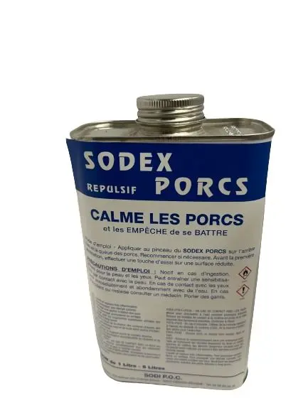 Sodex Répulsif Porcs 1L – produit calmant anti-mordillage et anti-bagarre pour élevage porcin.