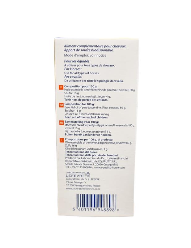 Boîte et flacon de 250 ml d'Huile de Haarlem SLT des Laboratoires Lefevre, complément naturel historique pour le bien-être et la santé du cheval.