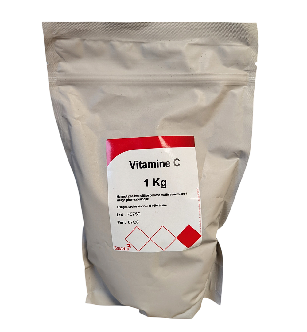 Sachet 1 kg Vitamine C Savetis – complément nutritionnel hydrosoluble pour volailles, porcs et ruminants.