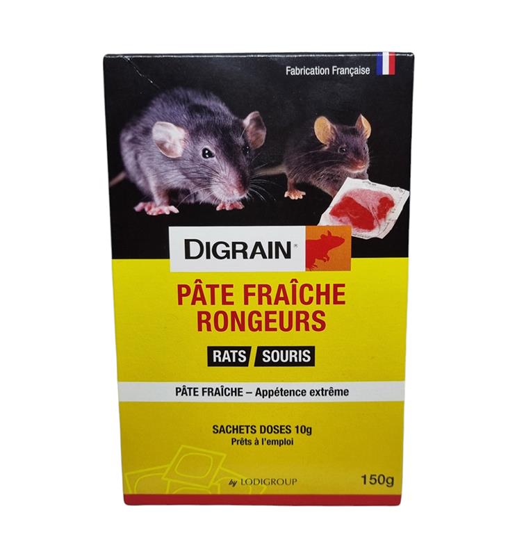 Boîte 150g Digrain Pâte Fraîche Difénacoum anti-rats et souris sachet 10g.