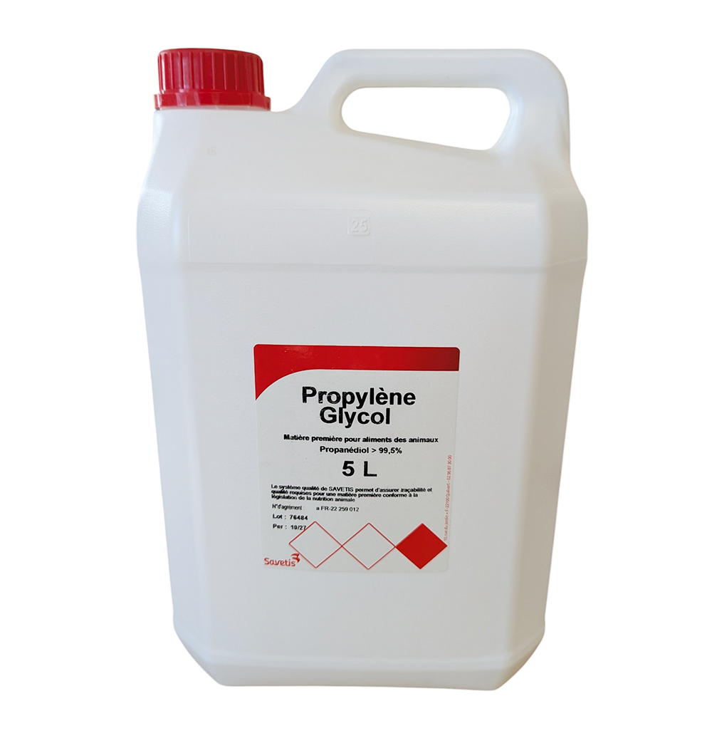Bidon de 5 litres de Propylène Glycol SAVETIS, matière première pour l'alimentation animale à haute teneur en Propanédiol.