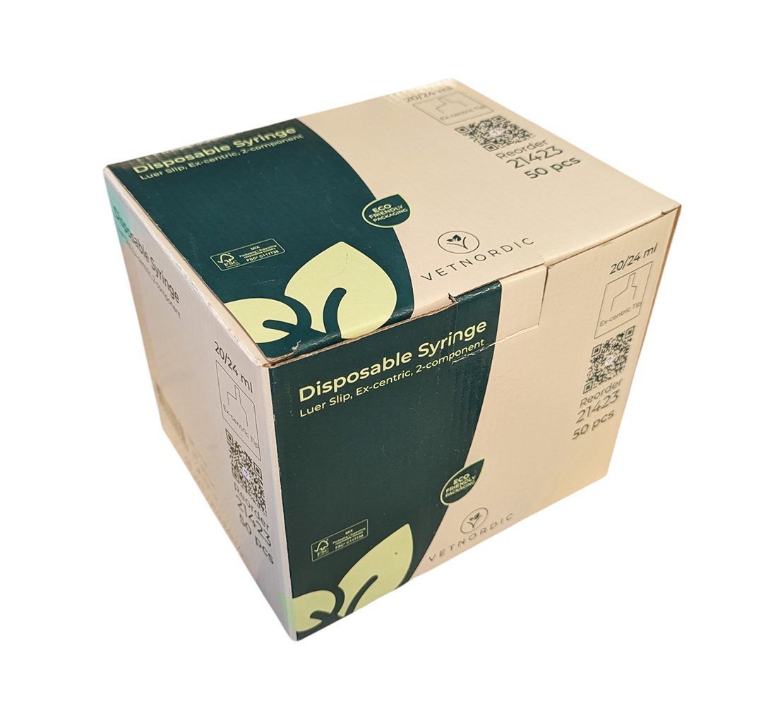 Boîte de 50 seringues vétérinaires 20-24 ml VetNordic 2 composants sans joint caoutchouc avec embout ex-centré