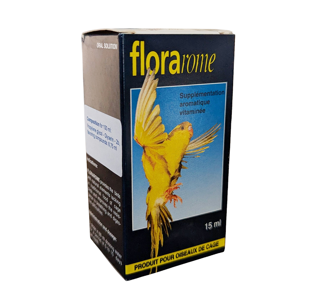 Boîte et flacon de 15 ml de Florarome, supplément aromatique vitaminé pour oiseaux de cage avec l'image d'une perruche jaune en vol.