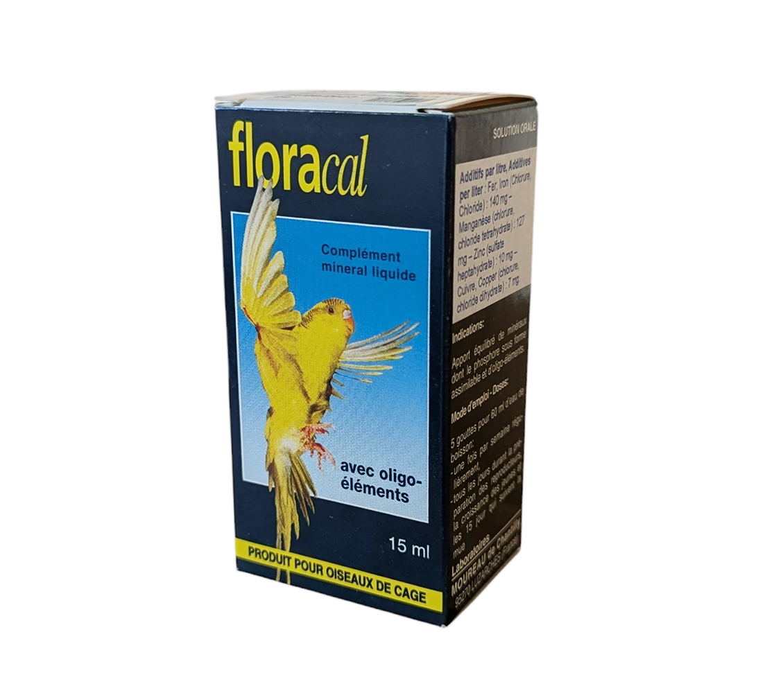 Flacon Floracal 15ml Laboratoire Moureau complément calcium oiseaux ponte.