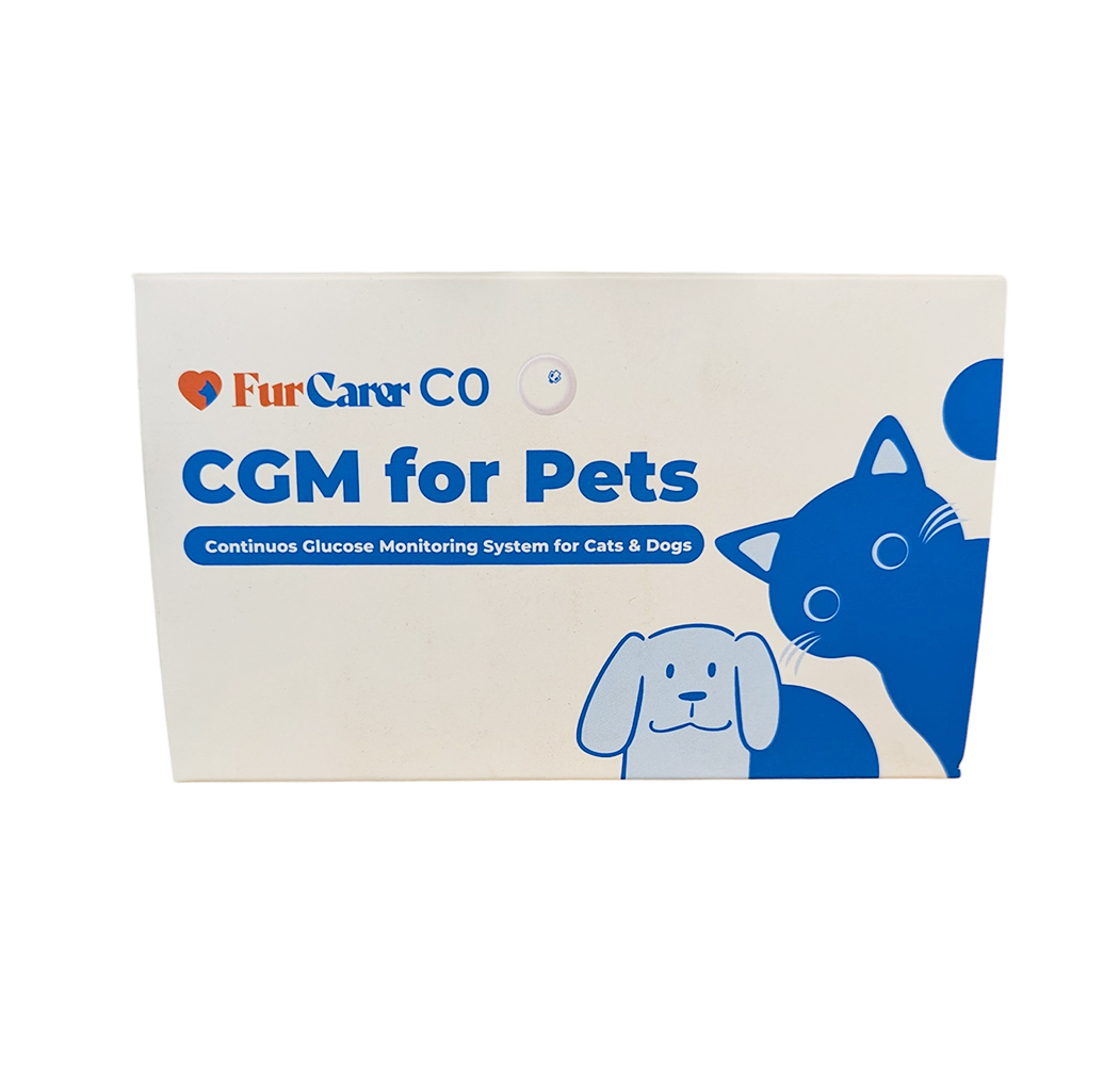 Boîte blanche et bleue du dispositif médical vétérinaire FurCarer CGM for PETS, illustrant un chien et un chat.