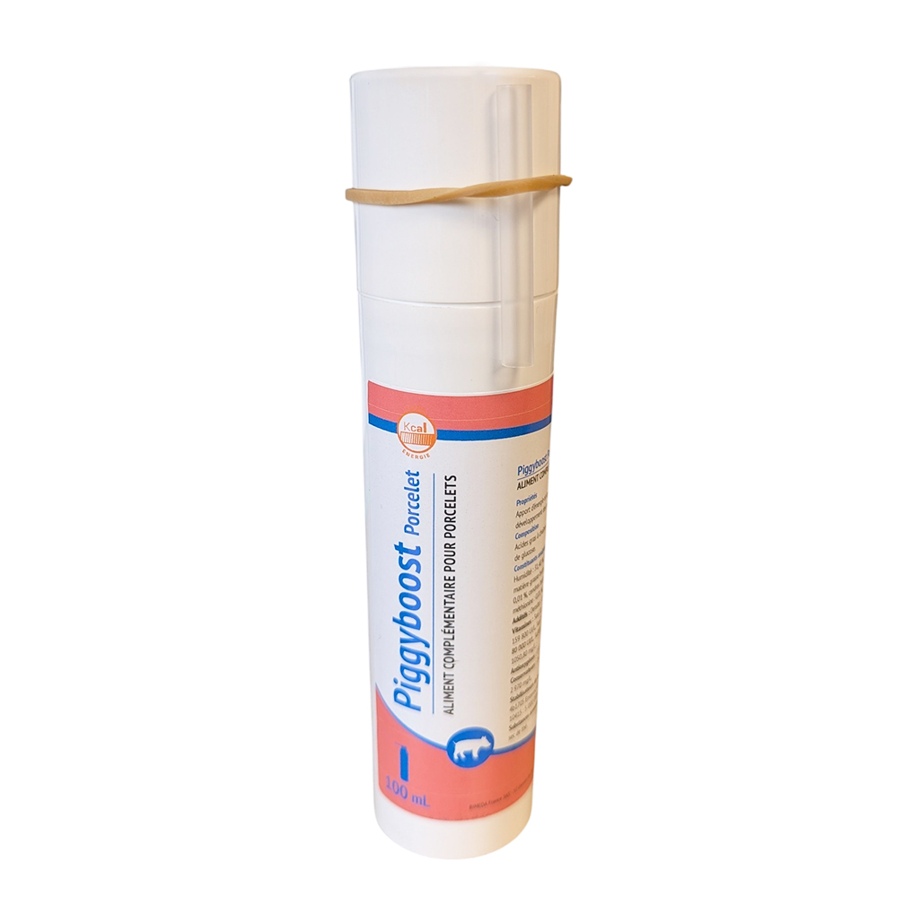 Flacon pompe PIGGYBOOST 100ml, aliment complémentaire colostrum et énergie pour porcelet chétif.
