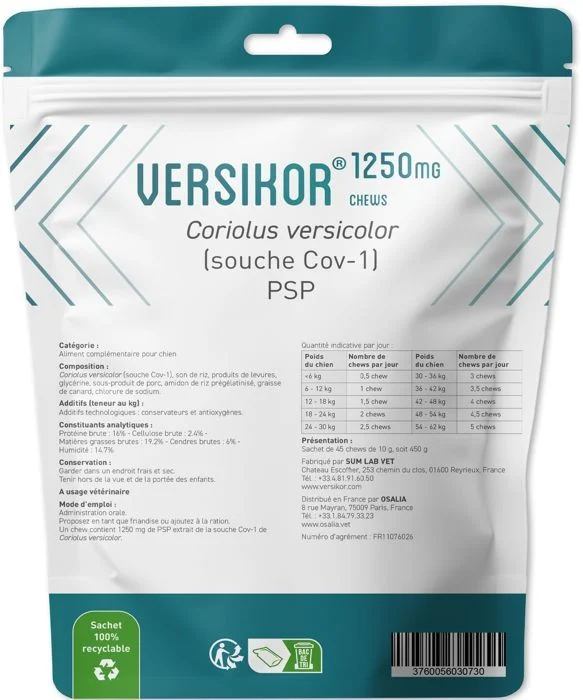 Sachet blanc et turquoise de VERSIKOR 1250 Chien d'Osalia, contenant 45 bouchées appétentes de 10g pour le soutien immunitaire à base de champignon Coriolus versicolor.
