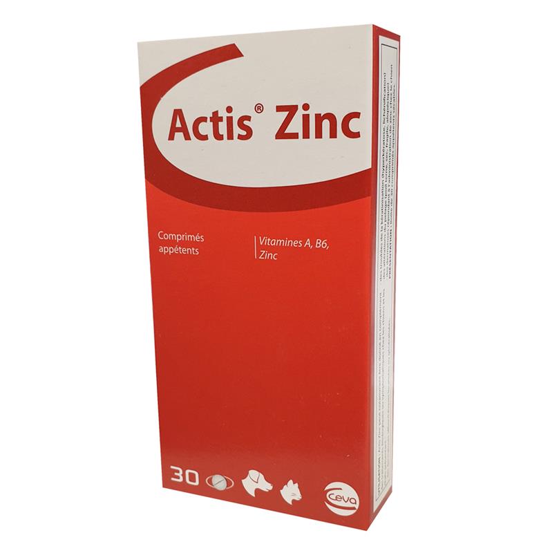 Boîte rouge et blanche de 30 comprimés appétents Actis Zinc Ceva pour le traitement des problèmes dermatologiques chez le chien et le chat.