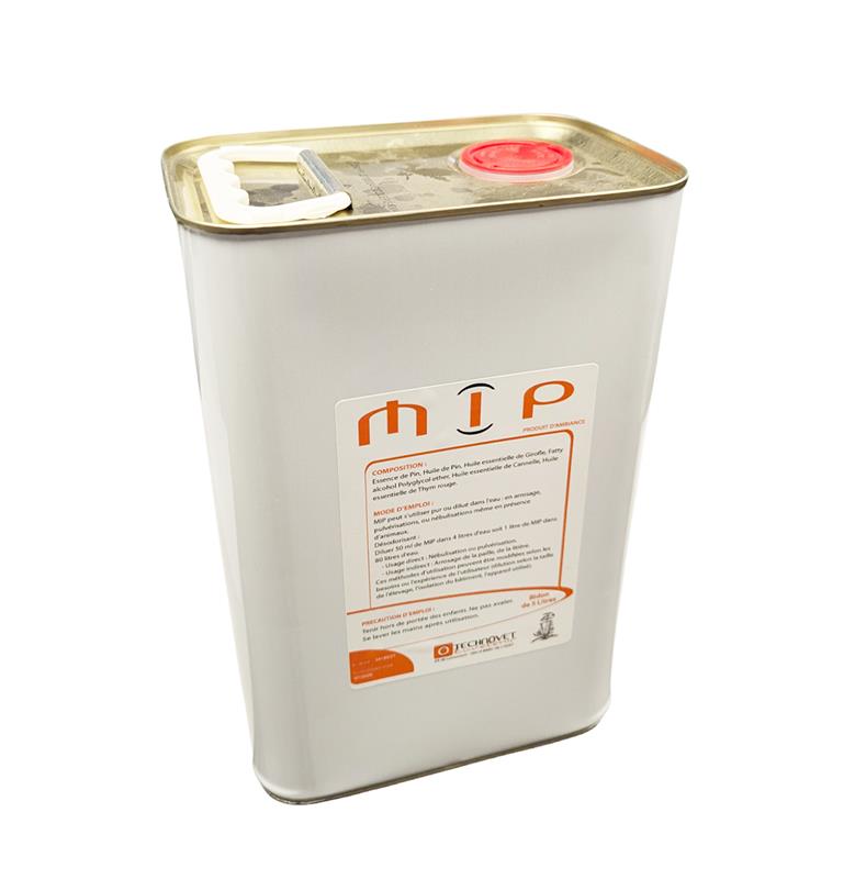 Bidon métallique de 5 Litres de MIP Technovet, complexe d'huiles essentielles pour l'hygiène de l'atmosphère et la désodorisation des locaux d'élevage.