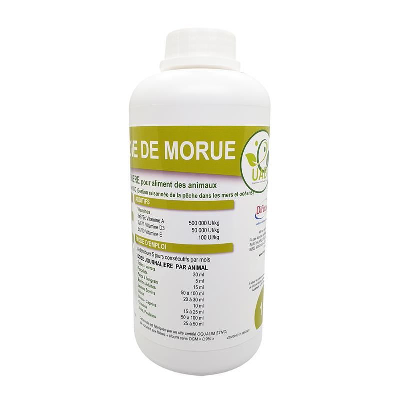 Bidon blanc de 1kg d'huile de foie de morue Difagri pour animaux, montrant les dosages par espèce et les certifications UAB et MSC.