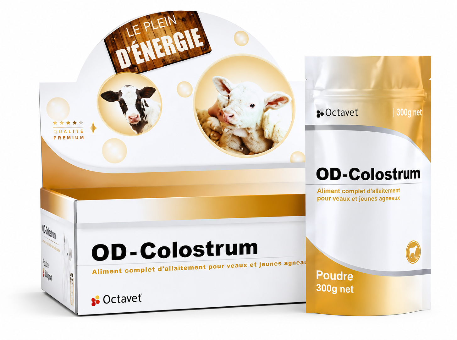 Boîte présentoir et sachet OD-Colostrum Octavet, aliment complet d'allaitement énergétique pour veaux de premier âge.