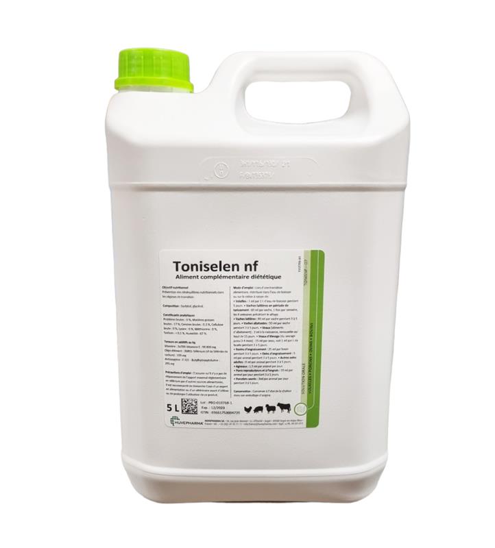Bidon blanc de 5 litres de Toniselen NF de Huvepharma, solution buvable pour animaux d'élevage avec poignée de transport.