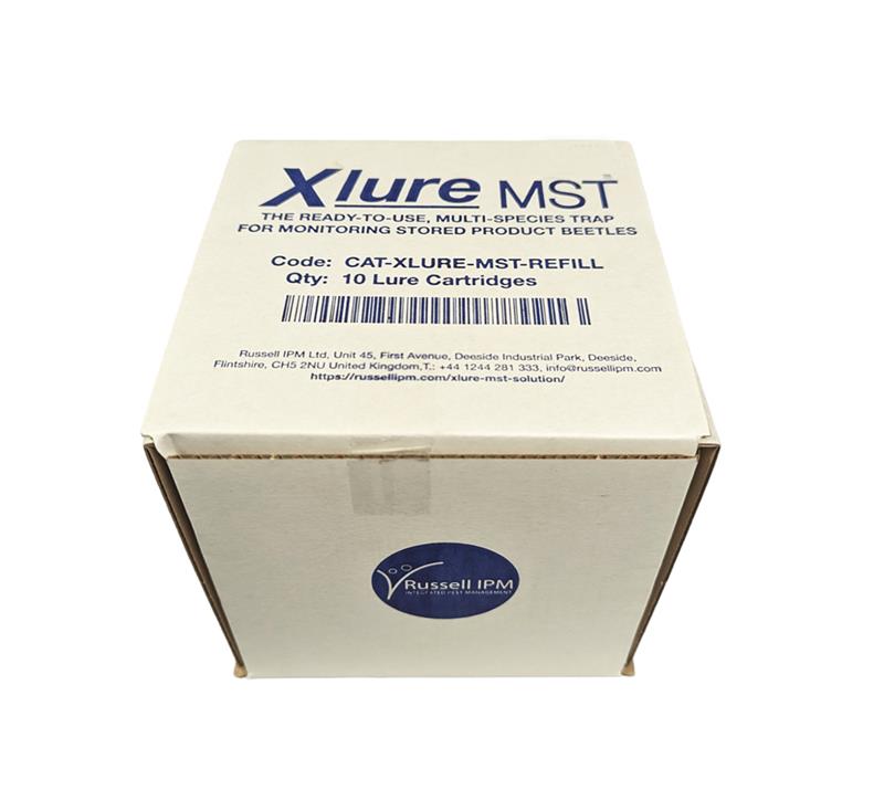 Boîte blanche de 10 recharges phéromones X-Lure MST Russell IPM pour la surveillance des insectes des denrées stockées.