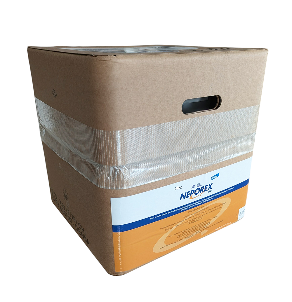 Sac de 20 kg de NEPOREX 2 SG, larvicide pour le traitement du fumier et du lisier dans les bâtiments d'élevage.
