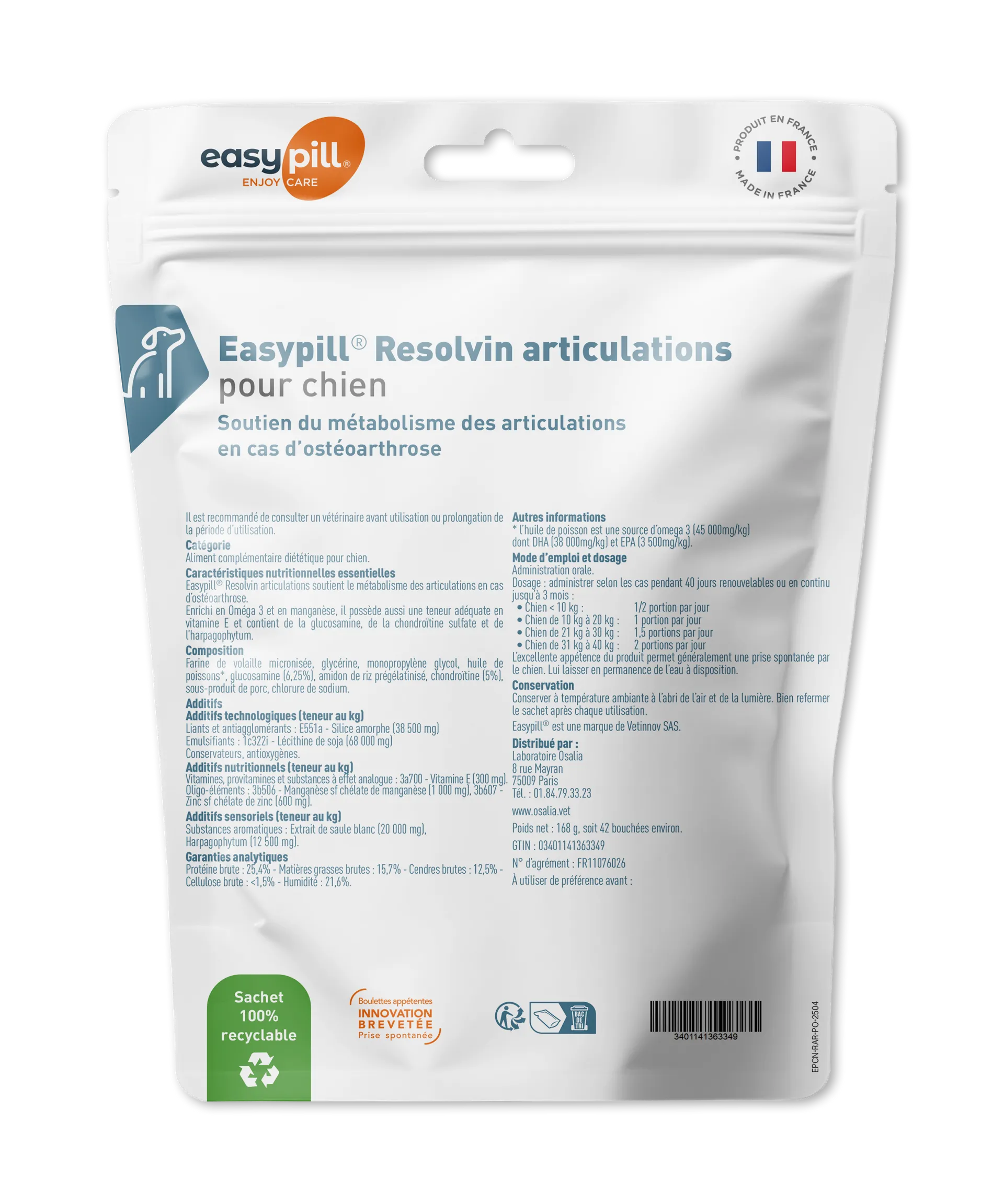 Sachet Easypill Resolvin Articulations Chien 42 bouchées - Complément arthrose avec Harpagophytum, Glucosamine et Oméga 3.